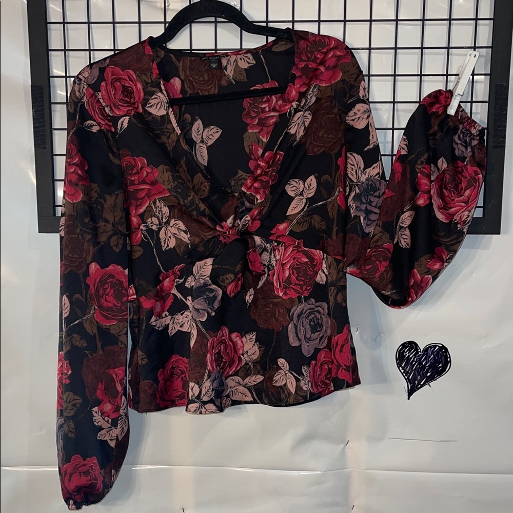 Guess Black and Red Roses Blouse